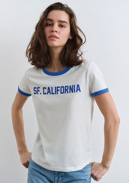 SF California Bask?l? Mavi Biyeli Beyaz Tisort