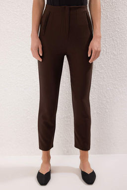 Koyu Kahverengi Cigarette Kal?p Pensli Yuksek Bel Bilek Boy Dokuma Kumas Pantolon TWOSS20PL0515