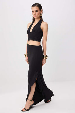 Siyah Boyundan Ba_lamal_ Shift/D_z Kesim Maxi _rme Abiye & Mezuniyet Elbisesi TPRSS26AE00179