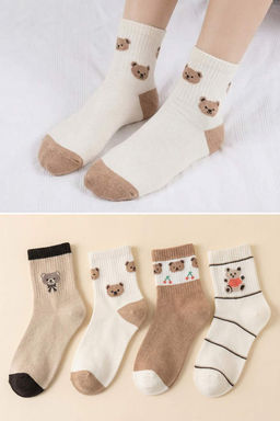 Bej-Cok Renkli 4lu Animal Jakar Orme Corap THMSS26CO00016