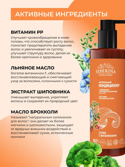 Кондиционер с церамидами и комплексом витаминов A, C, E, F, PP для тонких и ослабленных волос SIBERINA