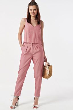 Костюм летний брючный с топом в полоску на красном