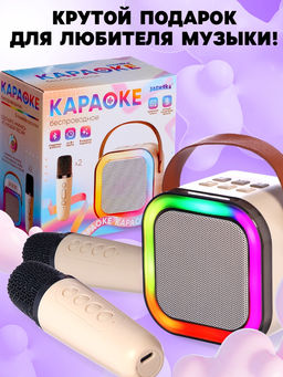 Караоке детское беспроводное, 2 микрофона, bluetooth, 5 режимов подсветки, звук, свет, бежевый - Zabiaka фото 8