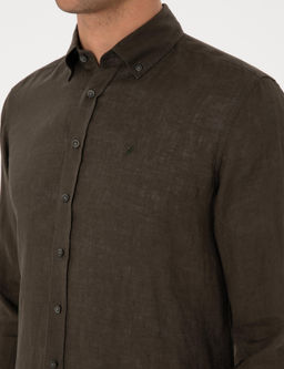 Koyu Haki Regular Fit %100 Keten G_mlek