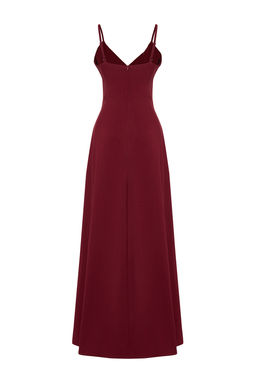 TRENDYOLMILLA Bordo Y?rtmac Detayl? Dokuma Uzun S?k Abiye Elbise TPRSS24AE00121 фото 8