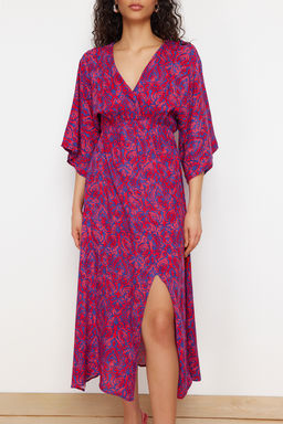 Cok Renkli Etnik Desenli A Kesim Kruvaze Yaka Midi Dokuma Elbise DWOSS24EL00913 - Trendyolmilla фото 8