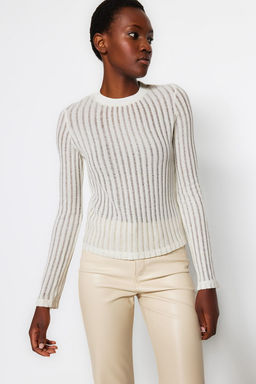 Trendyolmilla Bordo Transparan Triko Gorunumlu Kumas Regular Boy Bisiklet Yaka Orme Bluz TWOAW24BZ00094 фото 10