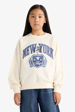 Relax Fit Bisiklet Yaka Bask_l_ Sweatshirt K_z _ocuk - Defacto фото 3