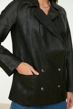 Siyah Suni Deri Oversize Cep Detayl? Dokuma Ceket TWOAW22CE0633 - Trendyolmilla фото 4
