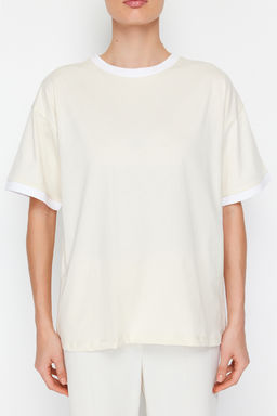 TRENDYOLMILLA Siyah %100 Pamuk Kontrast Yaka ve Serit Detayl? Oversize/Rahat Kesim Orme T-Shirt TWOSS24TS00052 фото 4