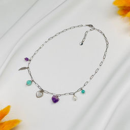 Колье на цепочке с Амазонитом, Аметистом, Жемчугом и Перламутром 38/45 см