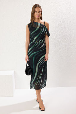 Cok Renkli Soyut Bask?l? Buzgu / Drape Midi Tul Vucuda Oturan Esnek Orme Elbise TWOSS25EL00104