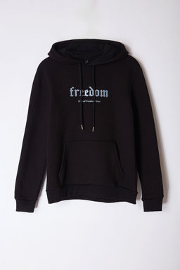 Siyah Regular/Normal Kesim Kabar?k Yaz? Bask?l? Kapusonlu Sweatshirt TMNAW25SW00105