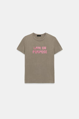 CAMISETA LAVADA TEXTO BRILLOS / Khaki - Zara фото 4