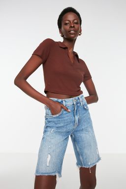 Kahverengi Fitted/Vucuda Oturan Crop Polo Yaka Fitilli Esnek Orme Bluz TWOSS21BZ0038