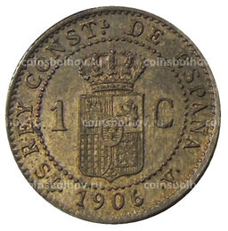 Монета 1 сентимо 1906 года Испания