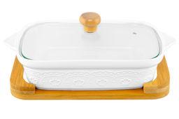 Блюдо д/запекания и сервировки 1,1 л 30*18*13 см "Белый узор" с стекл крышкой на дер подст.