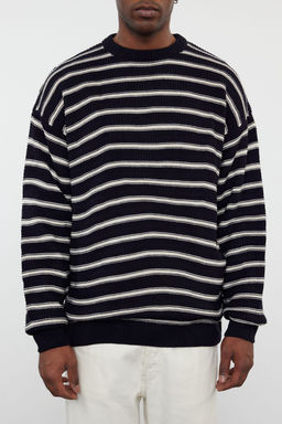 TRENDYOL MAN Lacivert Casual Unisex Oversize Bisiklet Yaka Cizgili Triko Kazak TMNAW25KZ00025 - Trendyolmilla фото 17