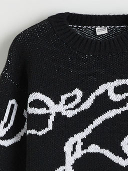 Bisiklet Yaka Desenli K?z ?ocuk Triko Kazak