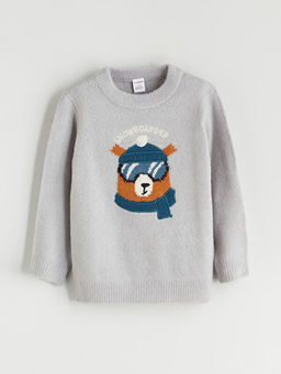 Bisiklet Yaka Bask?l? Uzun Kollu Erkek ?ocuk Triko Kazak