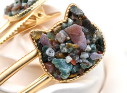 Заколка зажим Котик с натуральным моховым агатом 7*2,8*1,8см