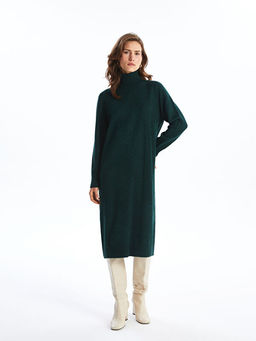 Bal?k?? Yaka D?z Uzun Kollu Oversize Kad?n Triko Elbise