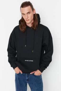 Siyah Oversize/Genis Kesim Fit Kapusonlu Yaz? Bask?l? Sweatshirt TMNAW23SW00015