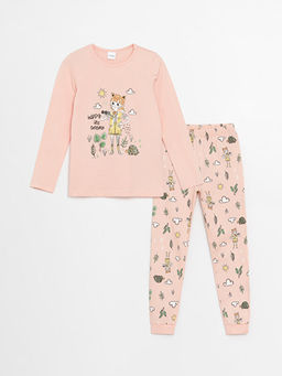 Bisiklet Yaka Bask?l? Uzun Kollu K?z ?ocuk Pijama Tak?m?