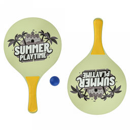 Ракетка для пляжного тенниса 38х23см, набор 2 штуки МДФ/пластик + мяч пластмассовый д4см, цвета микс, в сетке (Китай)