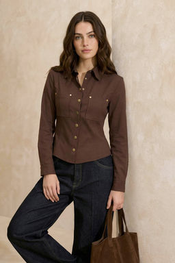 Koyu Kahverengi Regular Kal?p Gold Dugme Detayl? Gabardin Gomlek TWOSS26GO00013 - Trendyolmilla фото 3