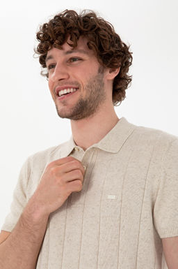 Erkek Slim Fit Polo Yaka Krem Triko Ti__rt