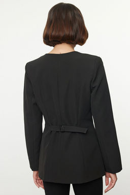TRENDYOLMILLA Siyah Yuvarlak / Bisiklet Yakal? Fitted Bele Oturan Dokuma Blazer Ceket TWOAW25BC00009  фото 5