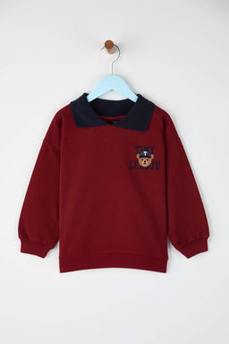 Bordo 100% Pamuk Bask?l? Polo Yaka Regular Unisex Cocuk Orme Sweatshirt TKDAW26SW00019 - Trendyolmilla фото 3