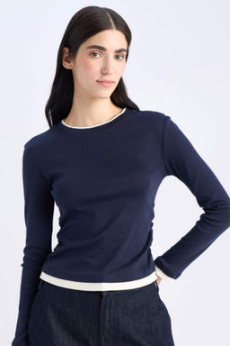 Slim Fit Dar Kesim Bisiklet Yaka Basic Duz Ribana Uzun Kollu Tisort - Defacto фото 2
