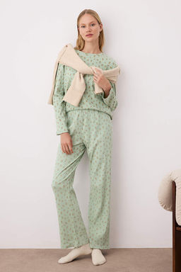 Mint Yumusak Tuse Pamuklu Cicekli Fitilli Orme Pijama Tak?m? THMAW25PT00194
