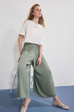 Haki Beli Lastikli Wide Leg Extra Genis Paca Dokuma Pantolon TWOSS25PL00103 Palazzo