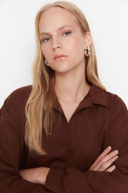 TRENDYOLMILLA Kahverengi Regular/Normal Kal?p Basic Polo Yaka Regular Ince Orme Sweatshirt TWOAW23SW00003  фото 3