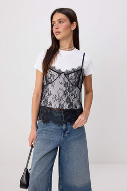 Ekru D_z Regular/Normal Kal_p Bisiklet Yaka Dantel Atlet Detayl_ Esnek _rme T-Shirt TWOSS26TS00290 - Trendyolmilla фото 5