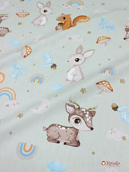 Сатин Лесная детвора цв.серо-фисташковый, СОРТ2, ш.1.61м, хлопок-100%, 120гр/м.кв