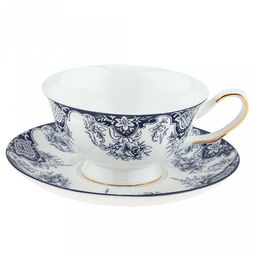 "Аллегро" Чашка фарфоровая 220мл, д10,6см h5,9см, с блюдцем д15см h2см, глянцевая глазурь, с деколью, с золотом, в коробке (Китай)