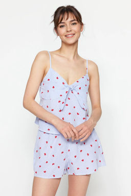 Trendyolmilla Mavi Cizgili Kalpli Ip Ask?l? Viskon Sortlu Dokuma Pijama Tak?m? THMSS23PT00133 фото 13