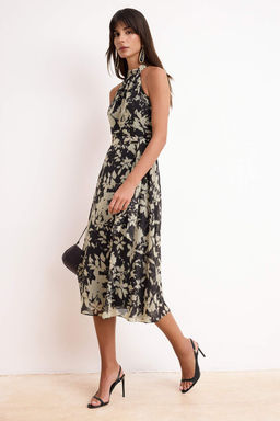 Siyah Kusakl? Cicekli Sifon Ucus Ucus Dokuma Midi Elbise TWOSS20EL2536