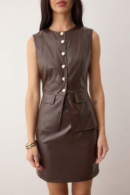 Kahverengi Duz Vucudu Saran Suni Deri Dugmeli K?sa / Mini Dokuma Elbise TWOAW26EL00254