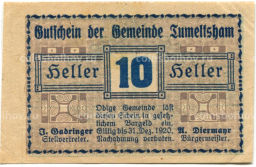 Банкнота 10 геллеров 1920 года Австрия Тумельсхат (нотгельд)