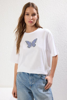 TRENDYOLMILLA Siyah %100 Pamuk Relaxed/Rahat Kal?p Nak?sl? Orme T-Shirt TWOSS25TS00098 фото 2