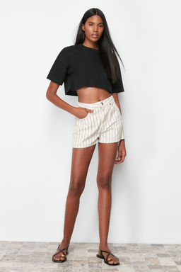 Ekru Cizgili Yuksek Bel Denim Sort TWOSS24SR00103 - Trendyolmilla фото 3