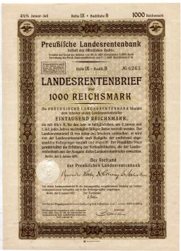 Облигация 4,5% 1000 рейхсмарок 1937 года Германия