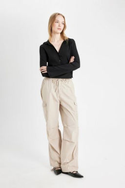 Coool Parasut Poplin Pantolon Basic Duz Cepli Beli Lastikli