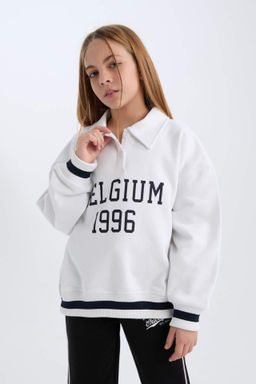 K?z Cocuk Oversize Genis Kal?p Polo Yaka Bask?l? Ici Yumusak Tuylu Kal?n Sweatshirt - Defacto фото 2