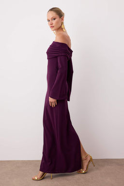 Bordo Vucuda Oturan Carmen Yaka Orme Maxi S?k Abiye Gece Mezuniyet Elbisesi TPRSS24AE00204